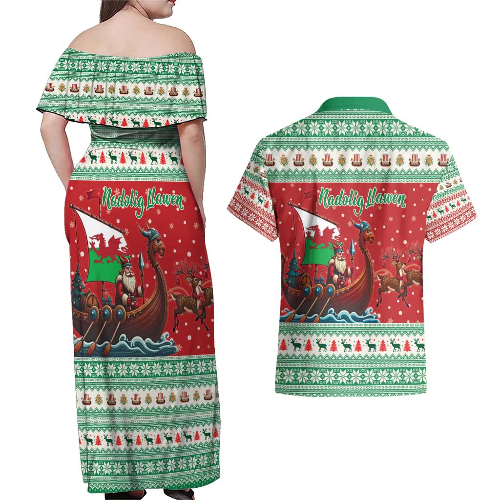 Wales Viking Santa Christmas Couples Matching Off Shoulder Maxi Dress and Hawaiian Shirt Funny Reindeer Norse Xmas - Wonder Print Shop