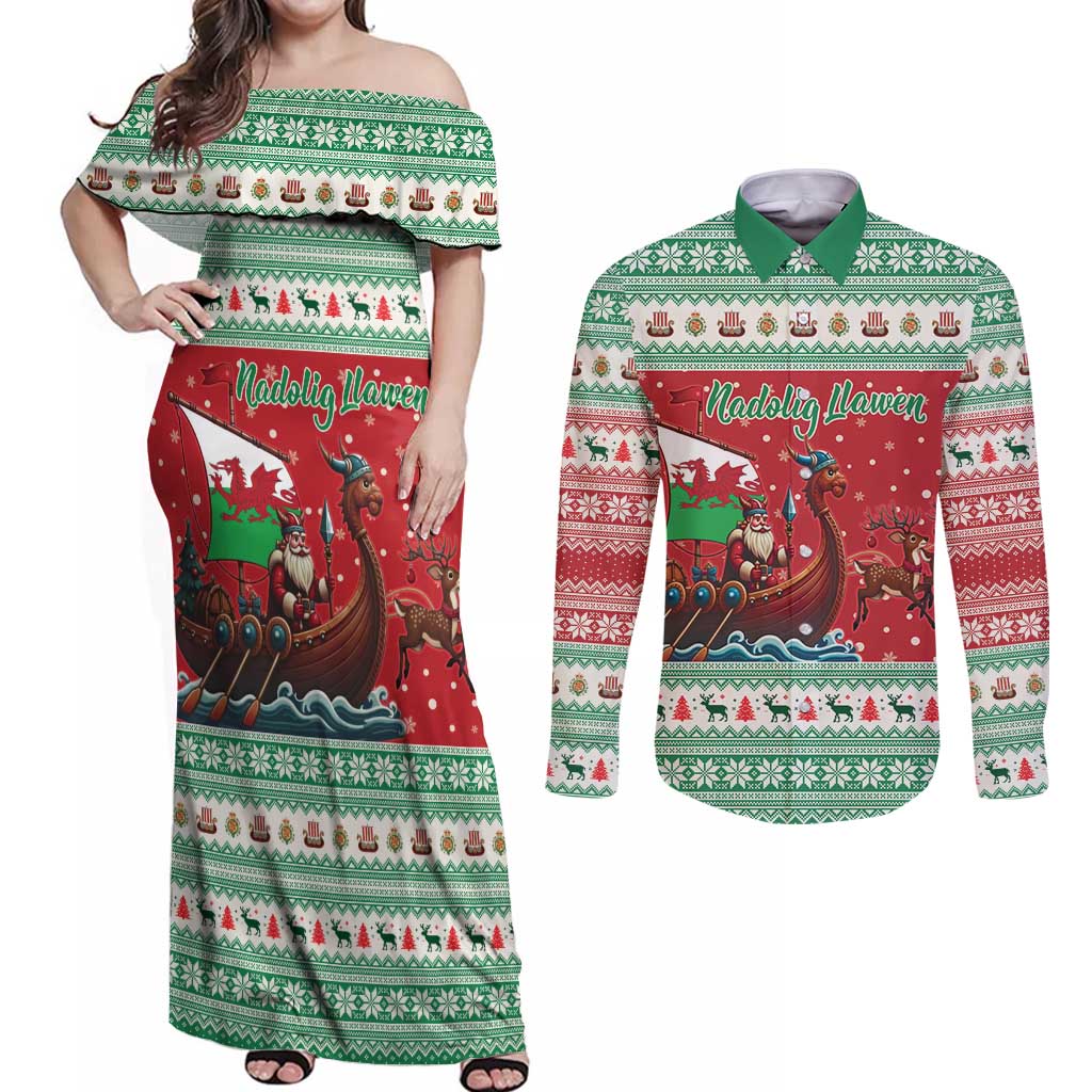 Wales Viking Santa Christmas Couples Matching Off Shoulder Maxi Dress and Long Sleeve Button Shirt Funny Reindeer Norse Xmas - Wonder Print Shop