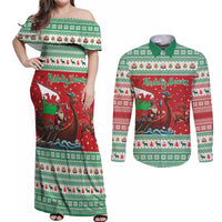 Wales Viking Santa Christmas Couples Matching Off Shoulder Maxi Dress and Long Sleeve Button Shirt Funny Reindeer Norse Xmas - Wonder Print Shop