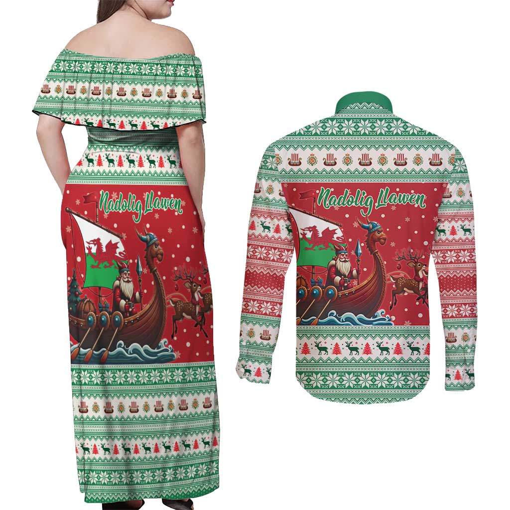 Wales Viking Santa Christmas Couples Matching Off Shoulder Maxi Dress and Long Sleeve Button Shirt Funny Reindeer Norse Xmas - Wonder Print Shop