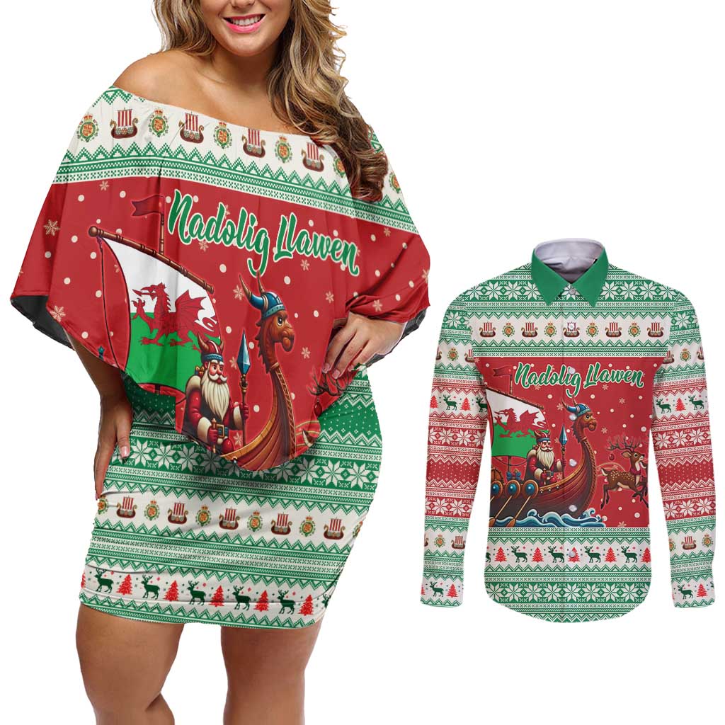 Wales Viking Santa Christmas Couples Matching Off Shoulder Short Dress and Long Sleeve Button Shirt Funny Reindeer Norse Xmas - Wonder Print Shop