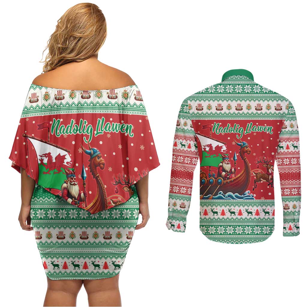 Wales Viking Santa Christmas Couples Matching Off Shoulder Short Dress and Long Sleeve Button Shirt Funny Reindeer Norse Xmas - Wonder Print Shop