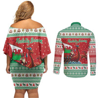 Wales Viking Santa Christmas Couples Matching Off Shoulder Short Dress and Long Sleeve Button Shirt Funny Reindeer Norse Xmas - Wonder Print Shop