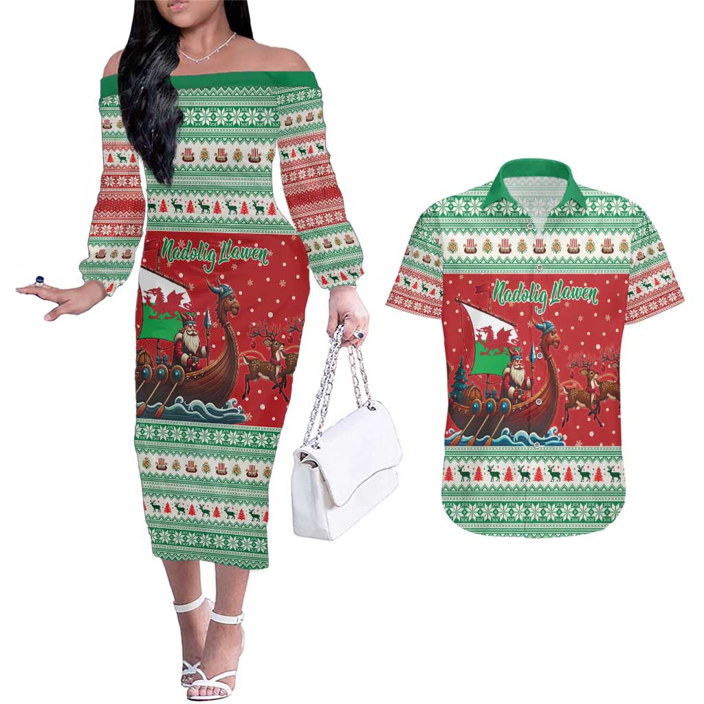 Wales Viking Santa Christmas Couples Matching Off The Shoulder Long Sleeve Dress and Hawaiian Shirt Funny Reindeer Norse Xmas - Wonder Print Shop