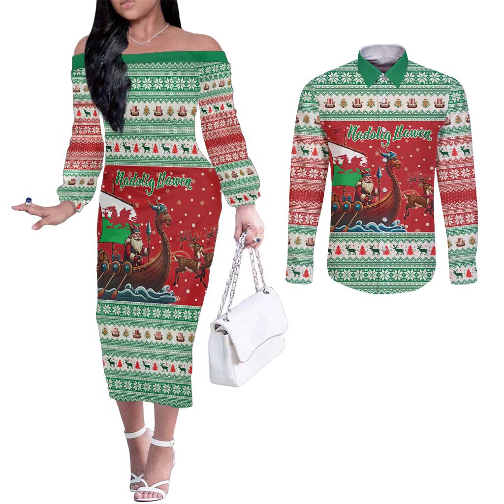Wales Viking Santa Christmas Couples Matching Off The Shoulder Long Sleeve Dress and Long Sleeve Button Shirt Funny Reindeer Norse Xmas - Wonder Print Shop