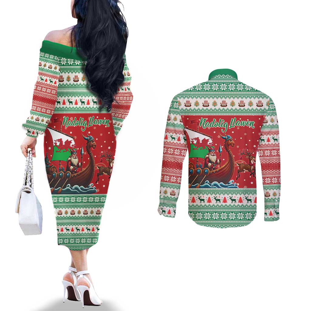 Wales Viking Santa Christmas Couples Matching Off The Shoulder Long Sleeve Dress and Long Sleeve Button Shirt Funny Reindeer Norse Xmas - Wonder Print Shop