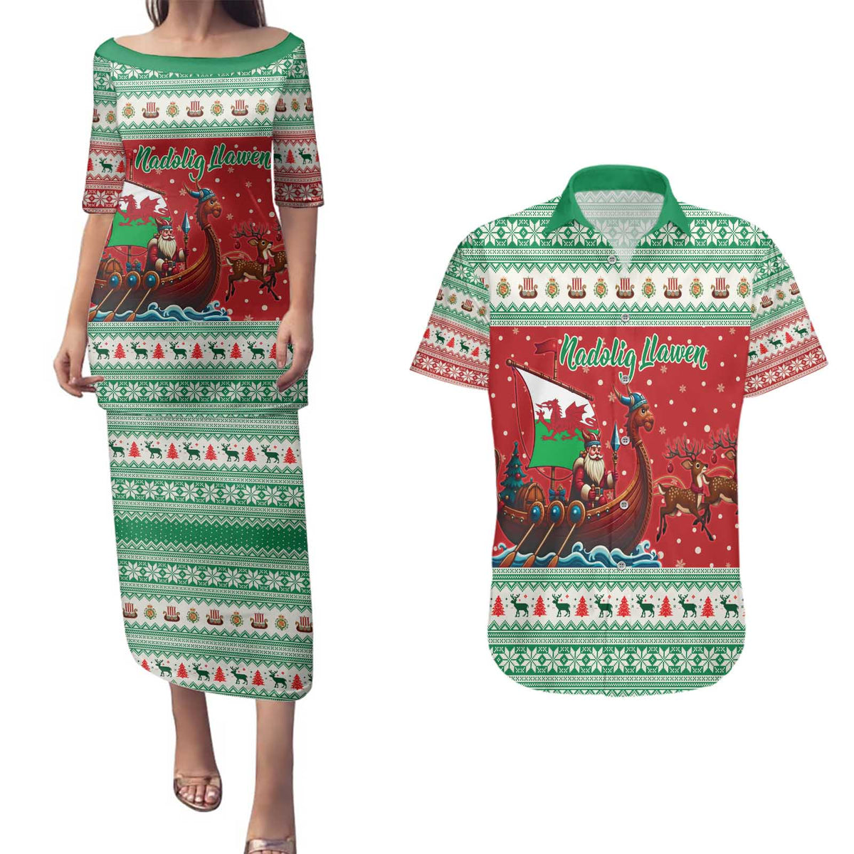 Wales Viking Santa Christmas Couples Matching Puletasi and Hawaiian Shirt Funny Reindeer Norse Xmas - Wonder Print Shop