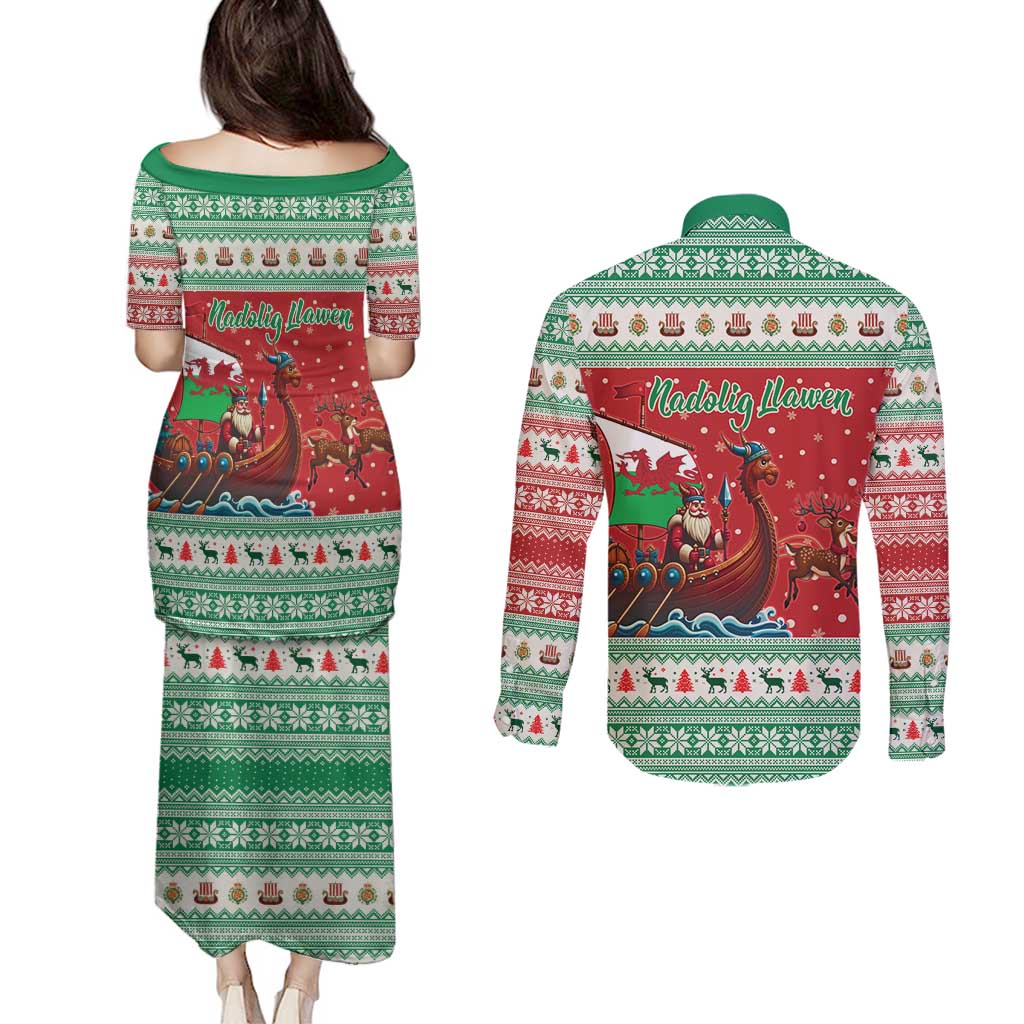 Wales Viking Santa Christmas Couples Matching Puletasi and Long Sleeve Button Shirt Funny Reindeer Norse Xmas - Wonder Print Shop