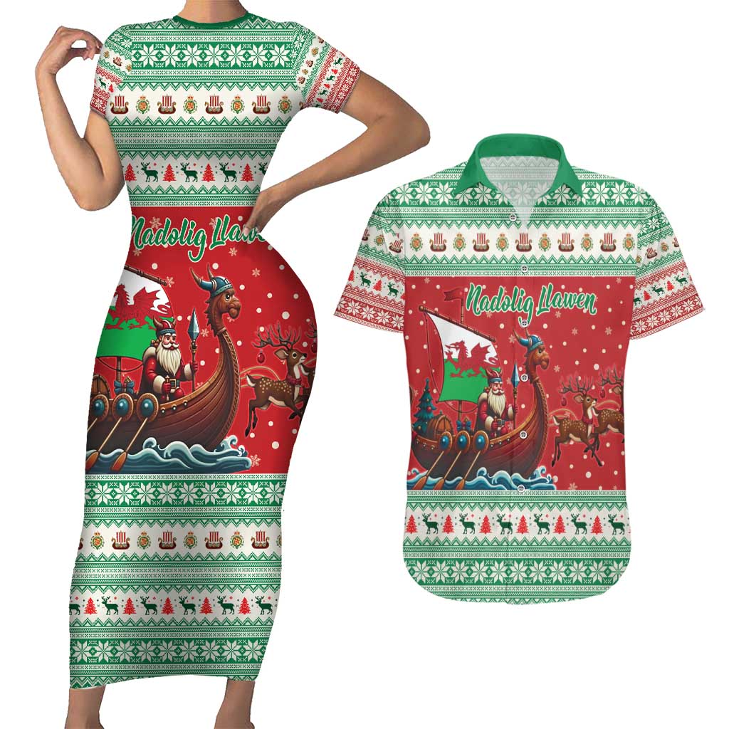 Wales Viking Santa Christmas Couples Matching Short Sleeve Bodycon Dress and Hawaiian Shirt Funny Reindeer Norse Xmas - Wonder Print Shop