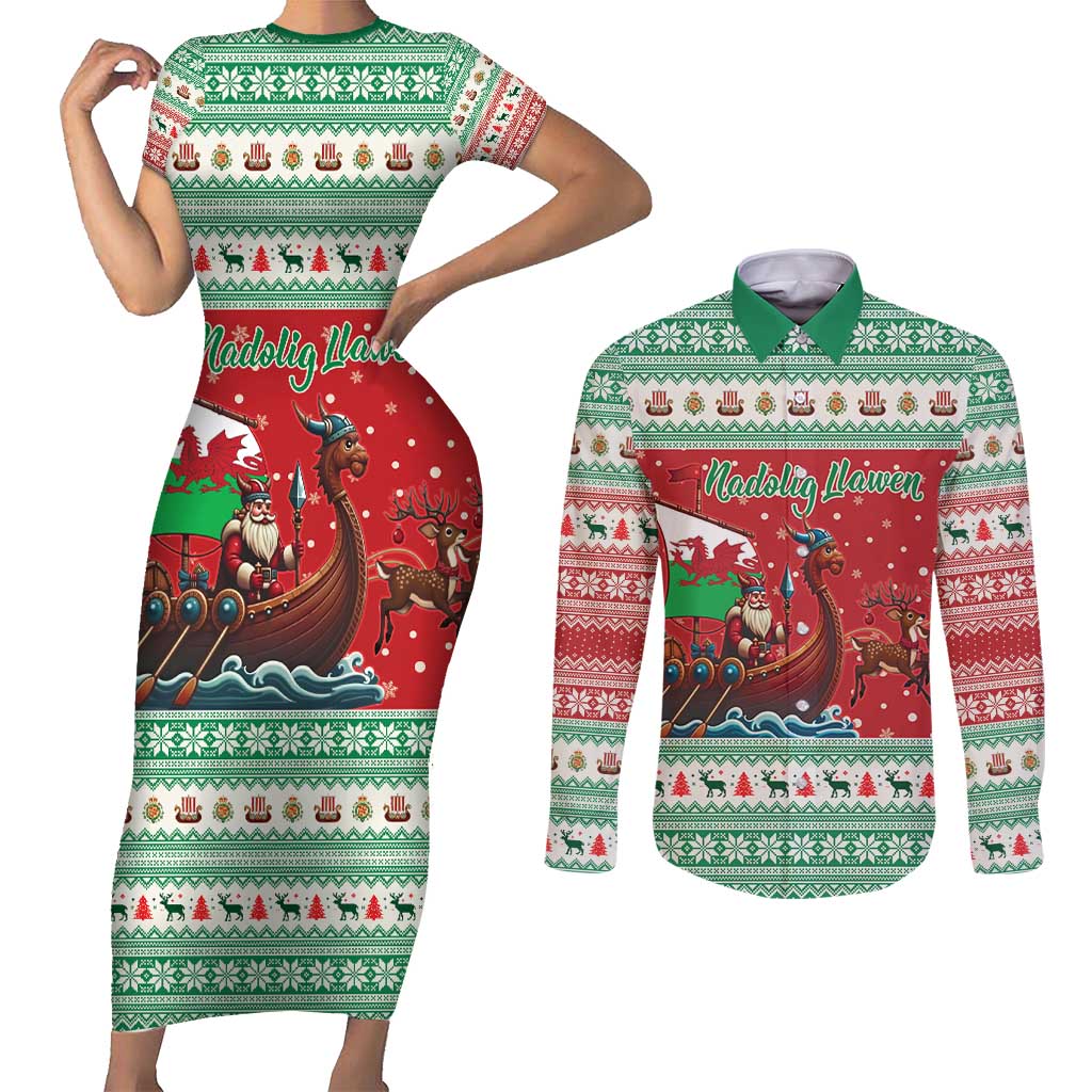 Wales Viking Santa Christmas Couples Matching Short Sleeve Bodycon Dress and Long Sleeve Button Shirt Funny Reindeer Norse Xmas - Wonder Print Shop