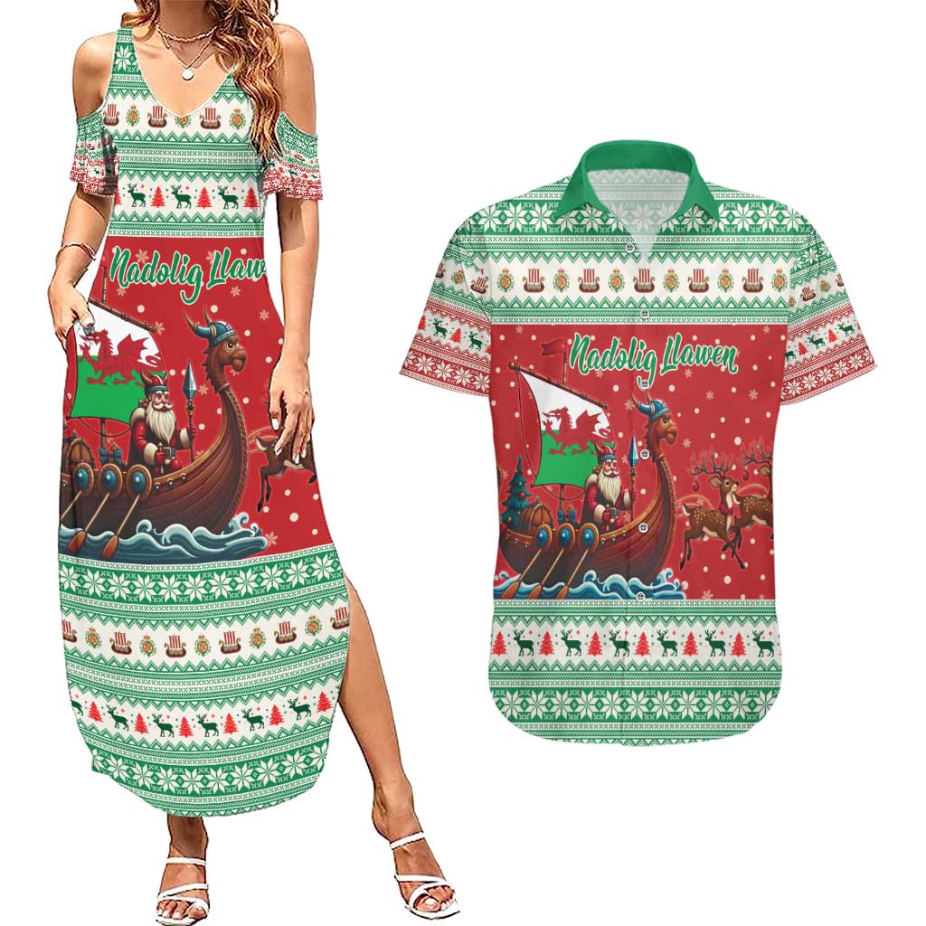 Wales Viking Santa Christmas Couples Matching Summer Maxi Dress and Hawaiian Shirt Funny Reindeer Norse Xmas - Wonder Print Shop