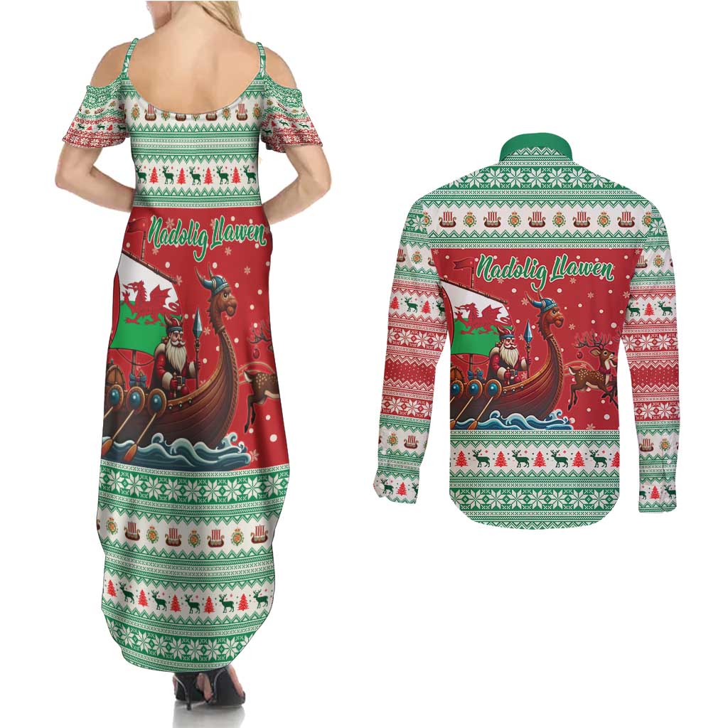 Wales Viking Santa Christmas Couples Matching Summer Maxi Dress and Long Sleeve Button Shirt Funny Reindeer Norse Xmas - Wonder Print Shop