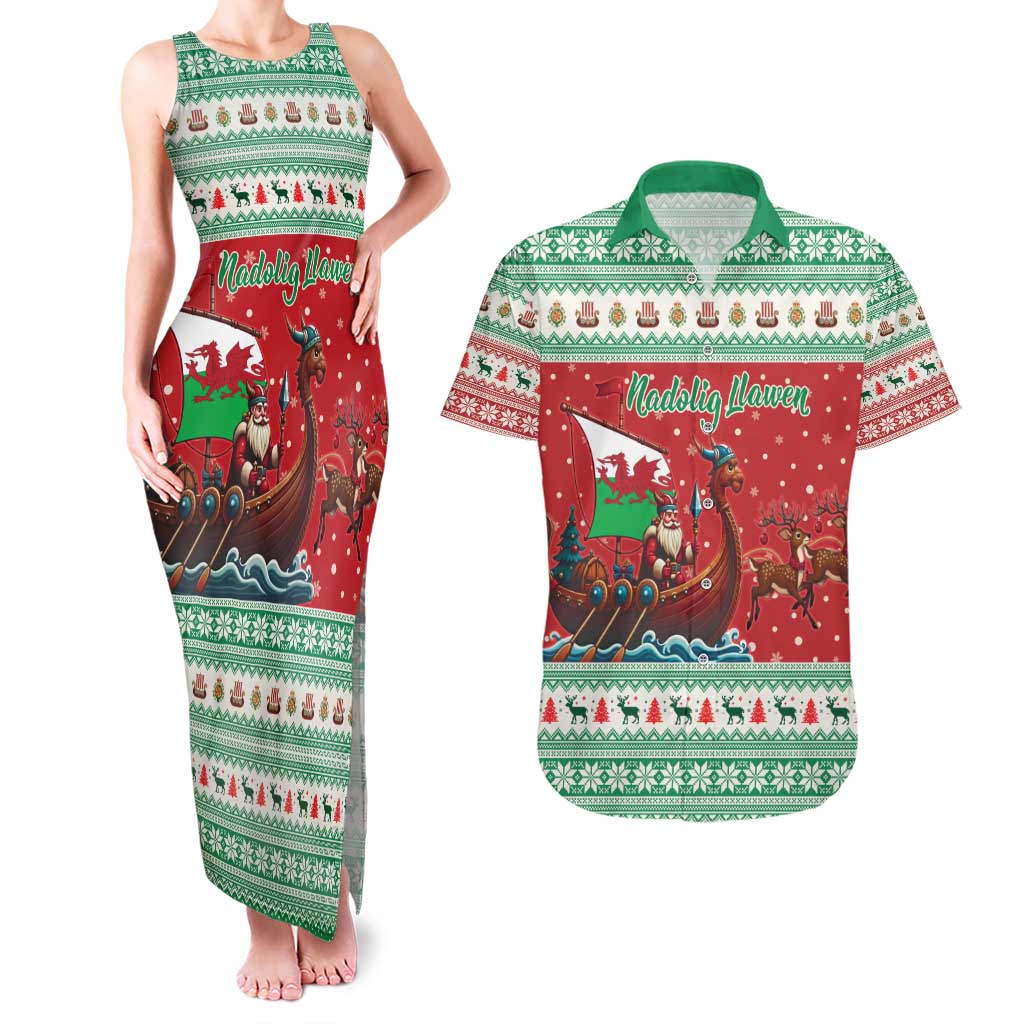 Wales Viking Santa Christmas Couples Matching Tank Maxi Dress and Hawaiian Shirt Funny Reindeer Norse Xmas - Wonder Print Shop