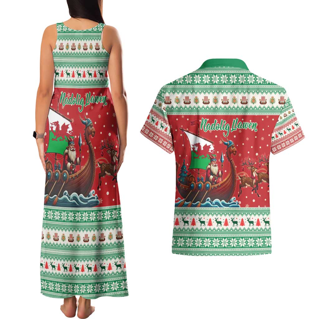 Wales Viking Santa Christmas Couples Matching Tank Maxi Dress and Hawaiian Shirt Funny Reindeer Norse Xmas - Wonder Print Shop
