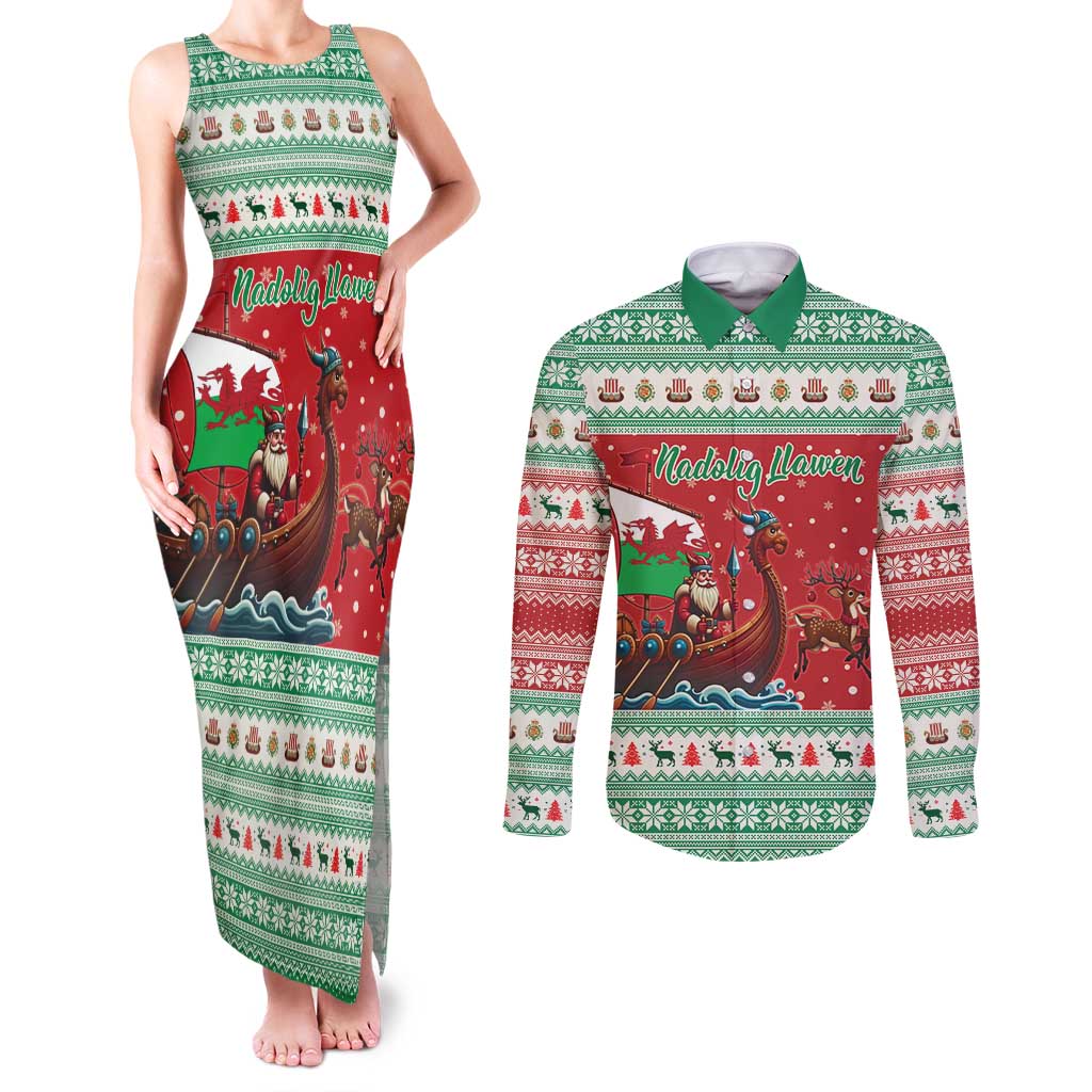 Wales Viking Santa Christmas Couples Matching Tank Maxi Dress and Long Sleeve Button Shirt Funny Reindeer Norse Xmas - Wonder Print Shop