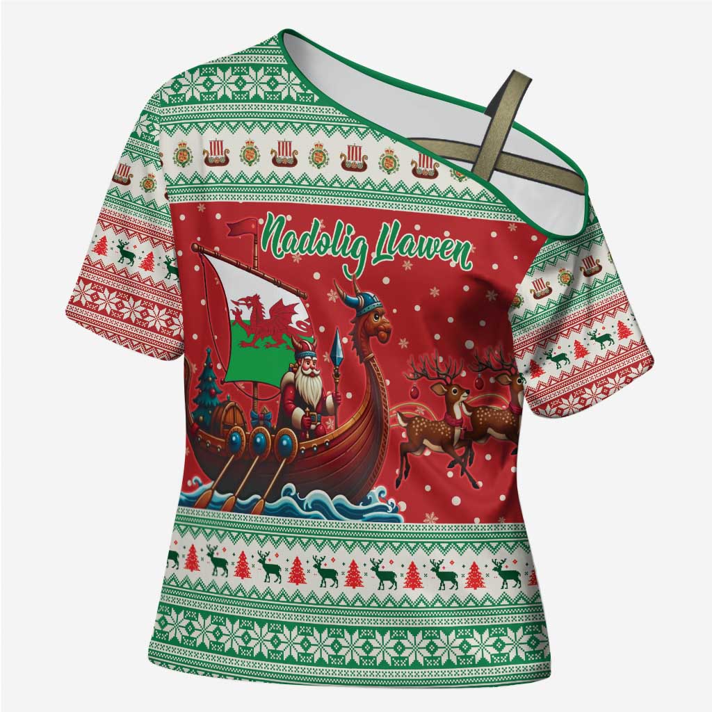 Wales Viking Santa Christmas Cross Shoulder Shirt Funny Reindeer Norse Xmas - Wonder Print Shop