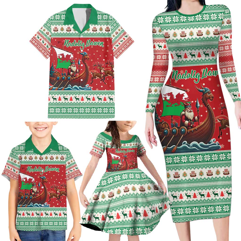 Wales Viking Santa Christmas Family Matching Long Sleeve Bodycon Dress and Hawaiian Shirt Funny Reindeer Norse Xmas - Wonder Print Shop