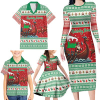 Wales Viking Santa Christmas Family Matching Long Sleeve Bodycon Dress and Hawaiian Shirt Funny Reindeer Norse Xmas - Wonder Print Shop