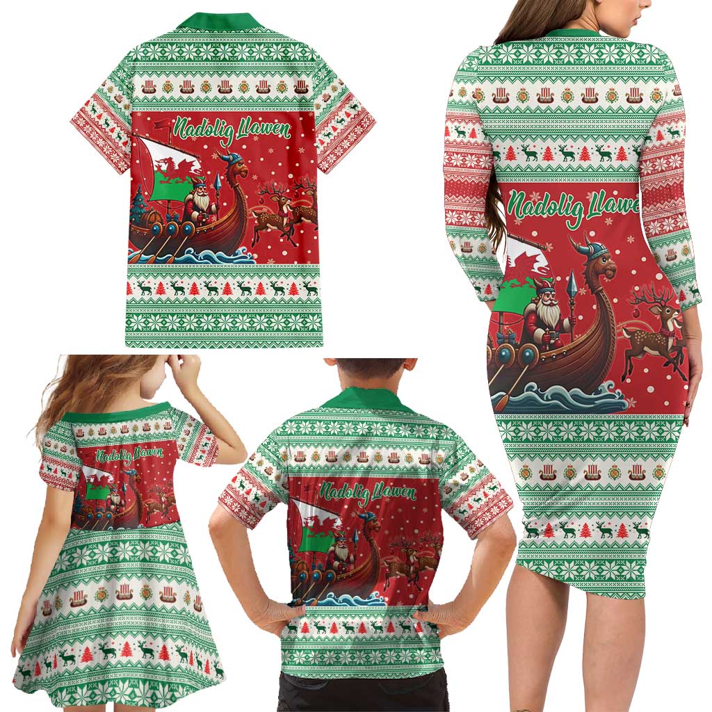 Wales Viking Santa Christmas Family Matching Long Sleeve Bodycon Dress and Hawaiian Shirt Funny Reindeer Norse Xmas - Wonder Print Shop