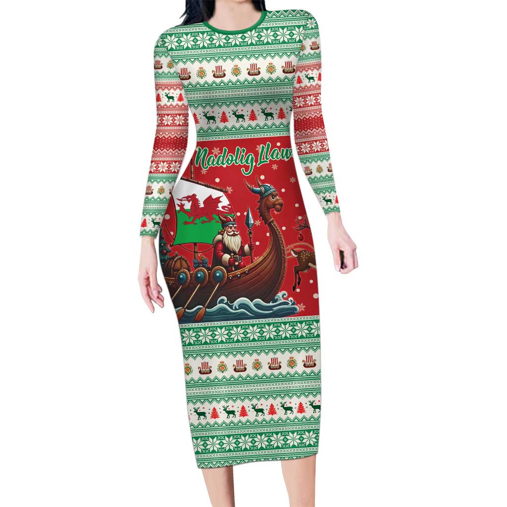 Wales Viking Santa Christmas Family Matching Long Sleeve Bodycon Dress and Hawaiian Shirt Funny Reindeer Norse Xmas - Wonder Print Shop