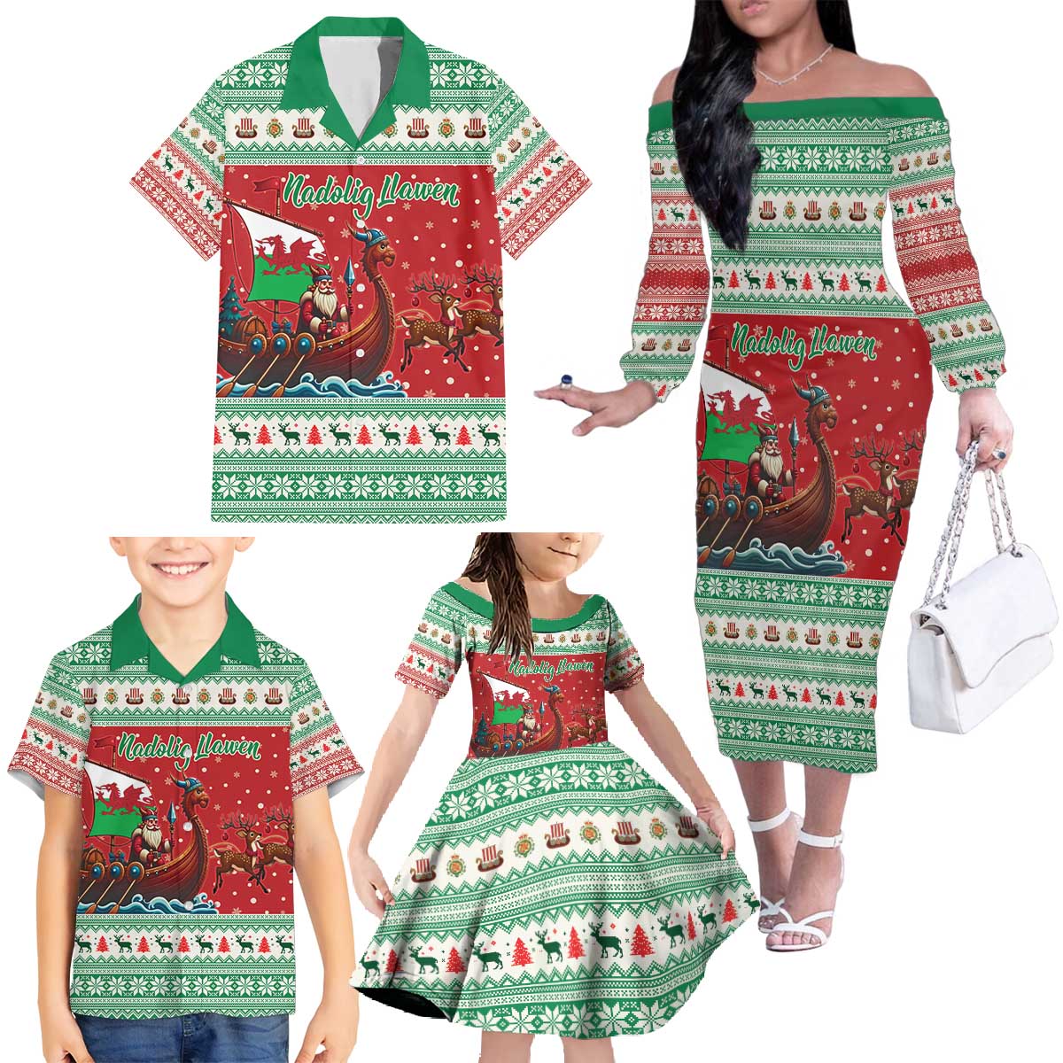 Wales Viking Santa Christmas Family Matching Off The Shoulder Long Sleeve Dress and Hawaiian Shirt Funny Reindeer Norse Xmas - Wonder Print Shop