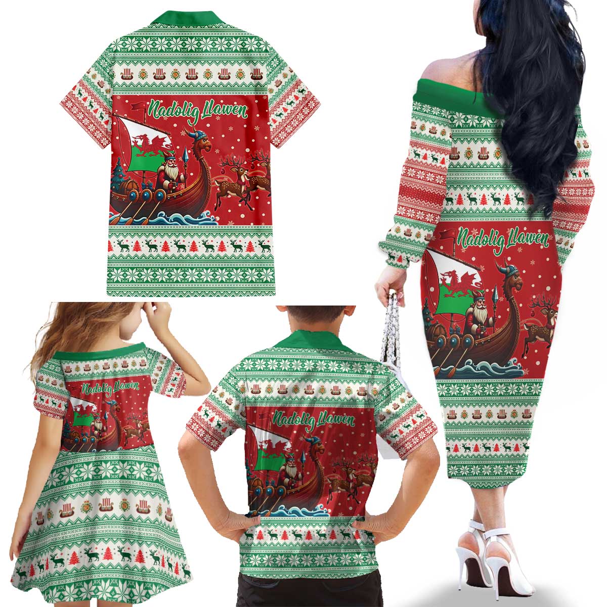 Wales Viking Santa Christmas Family Matching Off The Shoulder Long Sleeve Dress and Hawaiian Shirt Funny Reindeer Norse Xmas - Wonder Print Shop