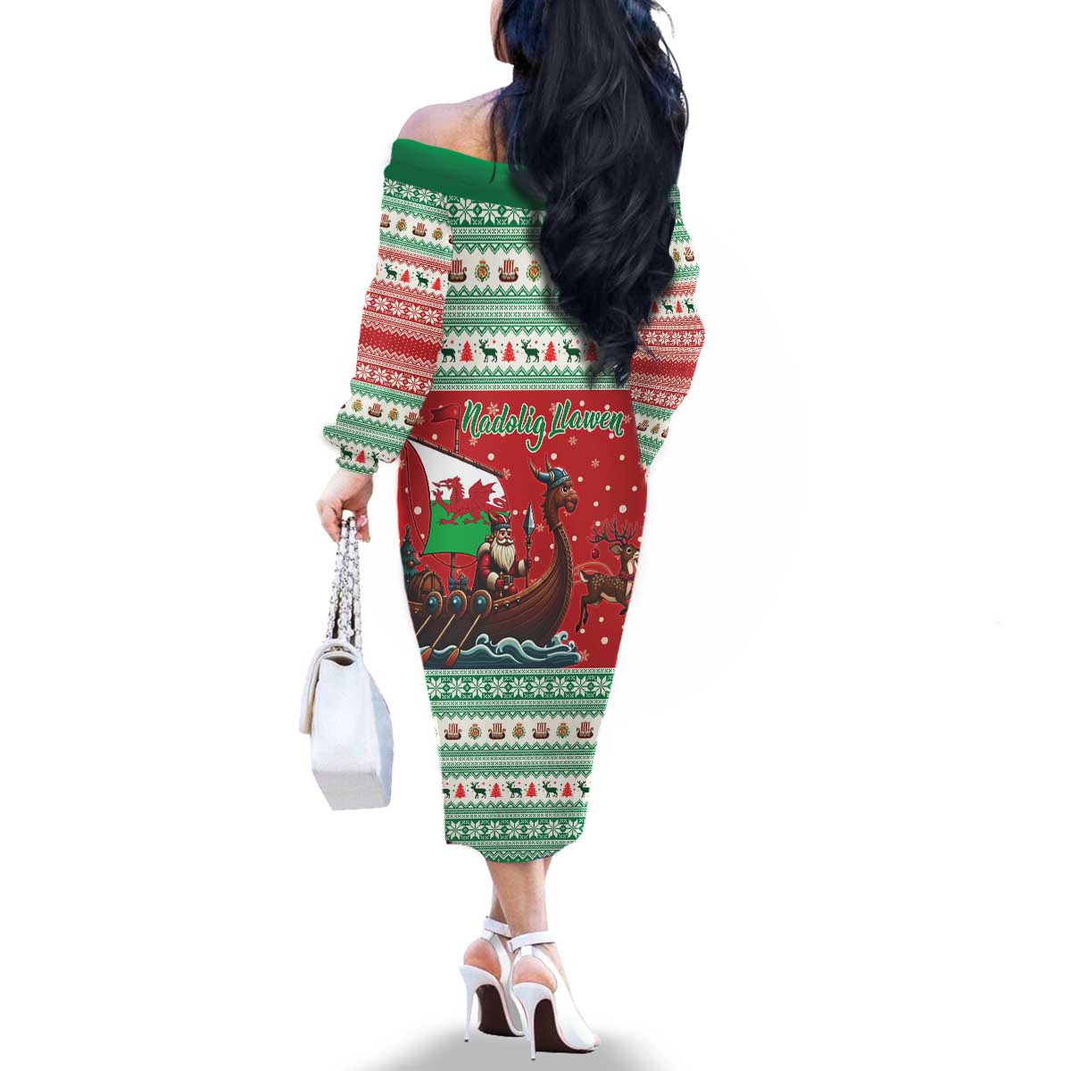 Wales Viking Santa Christmas Family Matching Off The Shoulder Long Sleeve Dress and Hawaiian Shirt Funny Reindeer Norse Xmas - Wonder Print Shop