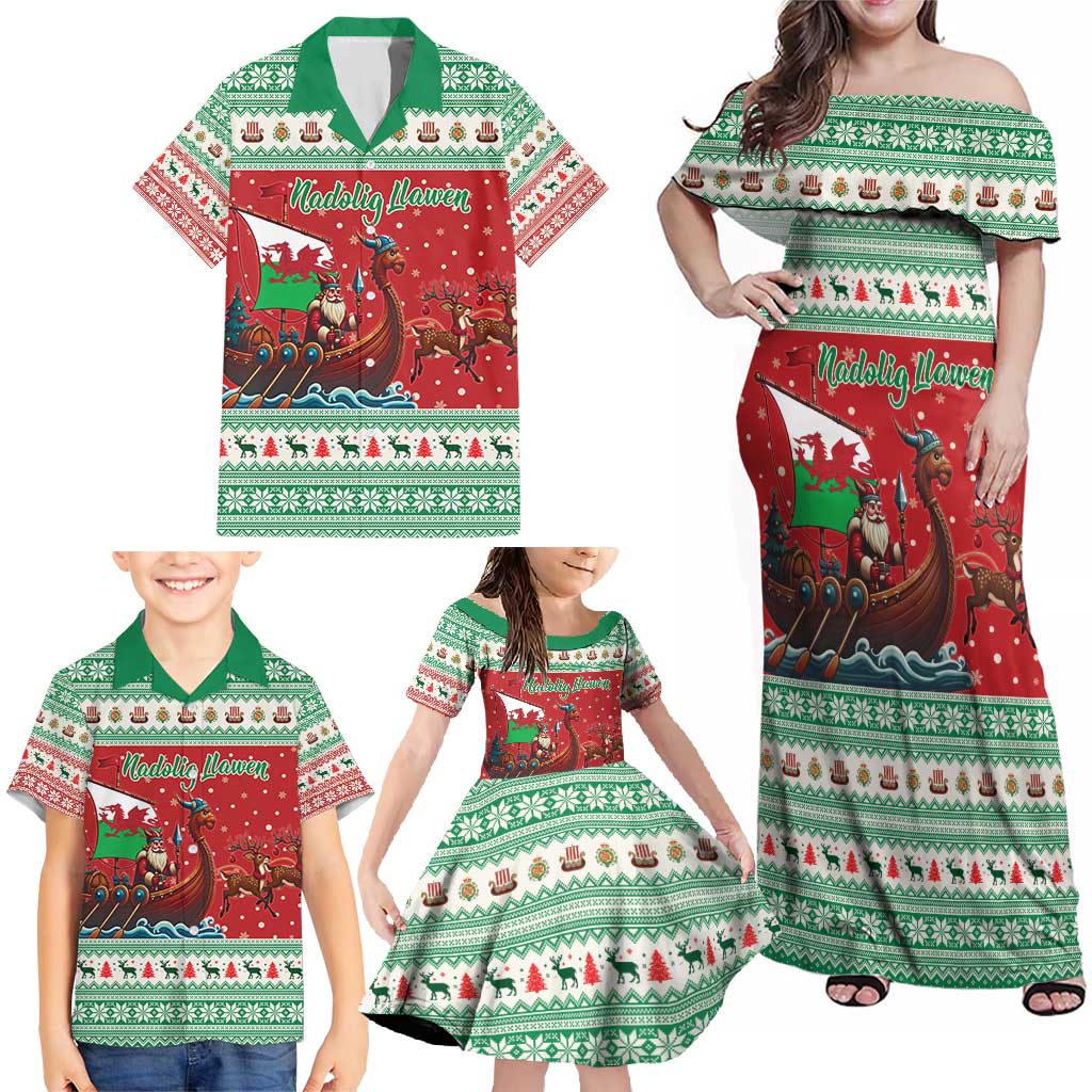 Wales Viking Santa Christmas Family Matching Off Shoulder Maxi Dress and Hawaiian Shirt Funny Reindeer Norse Xmas - Wonder Print Shop