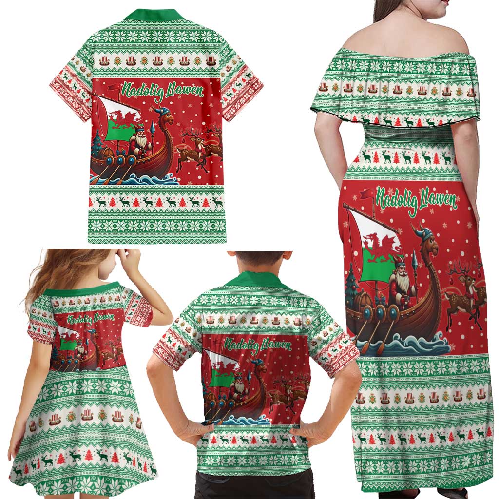 Wales Viking Santa Christmas Family Matching Off Shoulder Maxi Dress and Hawaiian Shirt Funny Reindeer Norse Xmas - Wonder Print Shop