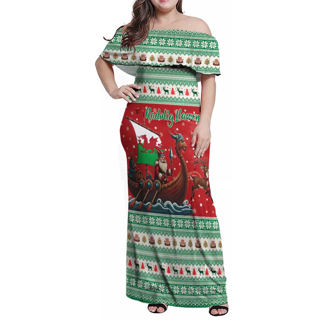 Wales Viking Santa Christmas Family Matching Off Shoulder Maxi Dress and Hawaiian Shirt Funny Reindeer Norse Xmas - Wonder Print Shop