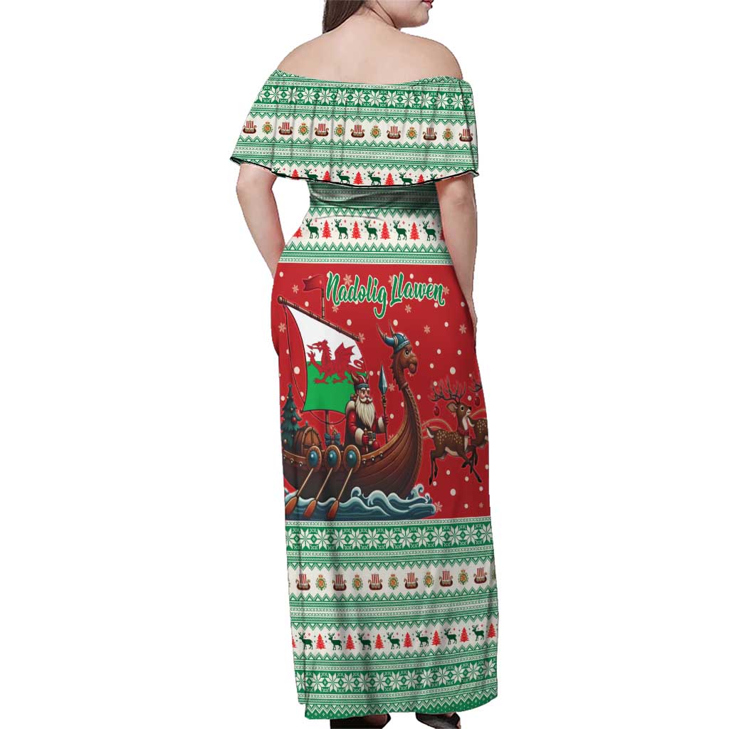 Wales Viking Santa Christmas Family Matching Off Shoulder Maxi Dress and Hawaiian Shirt Funny Reindeer Norse Xmas - Wonder Print Shop