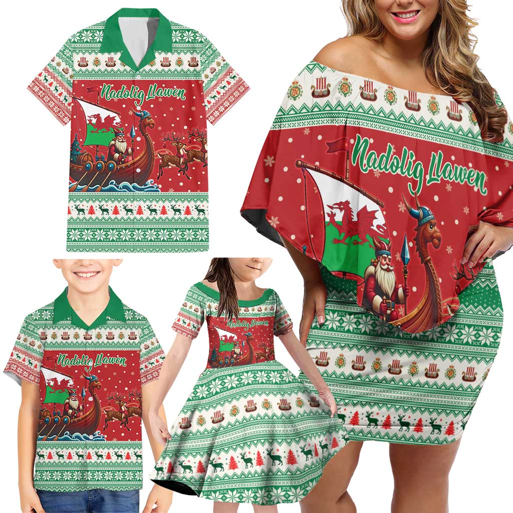 Wales Viking Santa Christmas Family Matching Off Shoulder Short Dress and Hawaiian Shirt Funny Reindeer Norse Xmas - Wonder Print Shop