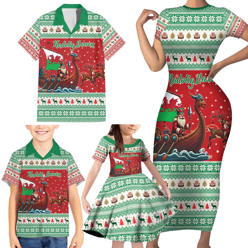 Wales Viking Santa Christmas Family Matching Short Sleeve Bodycon Dress and Hawaiian Shirt Funny Reindeer Norse Xmas - Wonder Print Shop