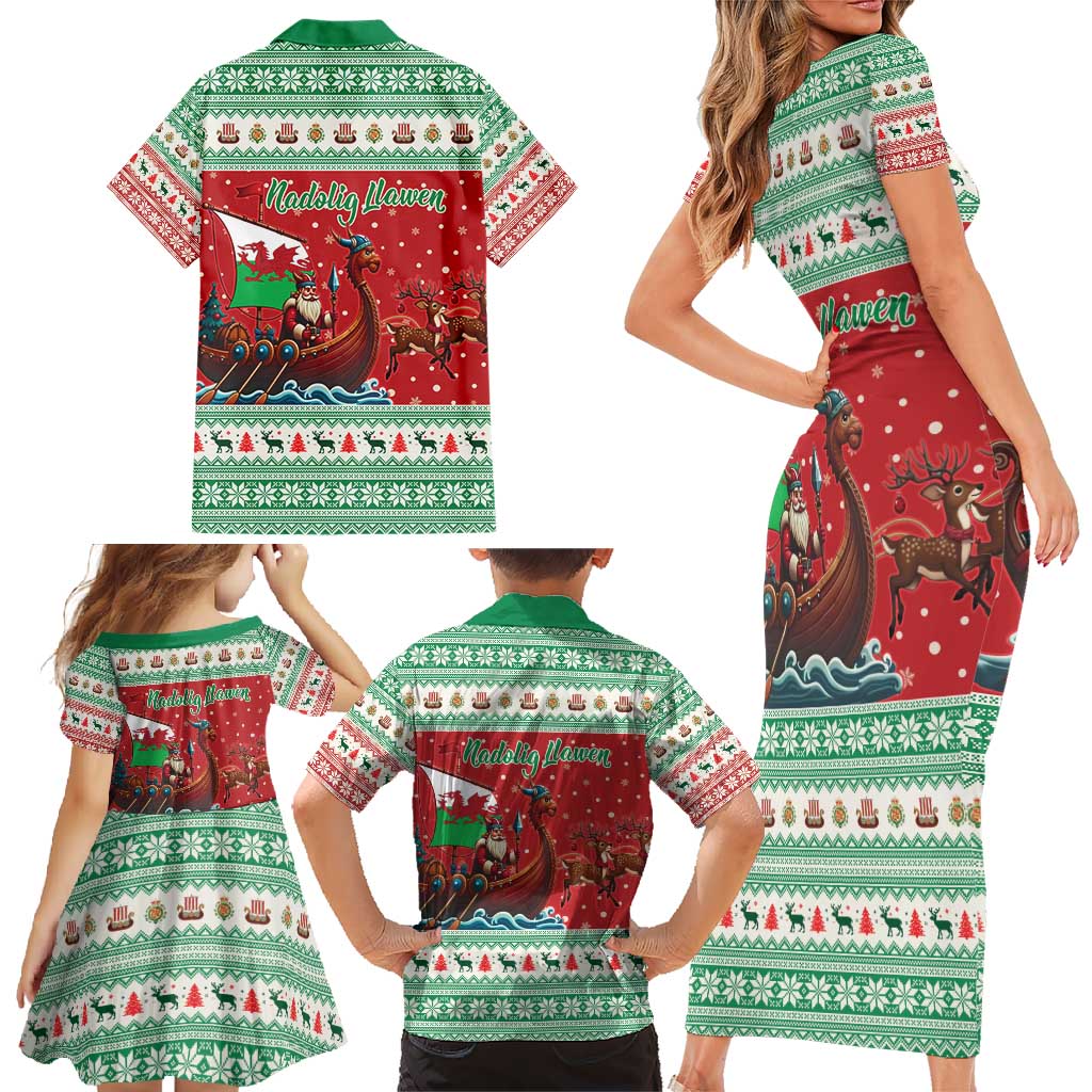 Wales Viking Santa Christmas Family Matching Short Sleeve Bodycon Dress and Hawaiian Shirt Funny Reindeer Norse Xmas - Wonder Print Shop