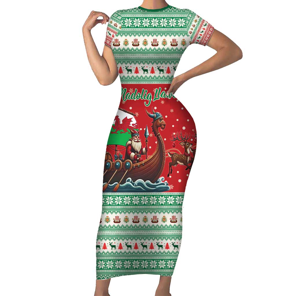 Wales Viking Santa Christmas Family Matching Short Sleeve Bodycon Dress and Hawaiian Shirt Funny Reindeer Norse Xmas - Wonder Print Shop