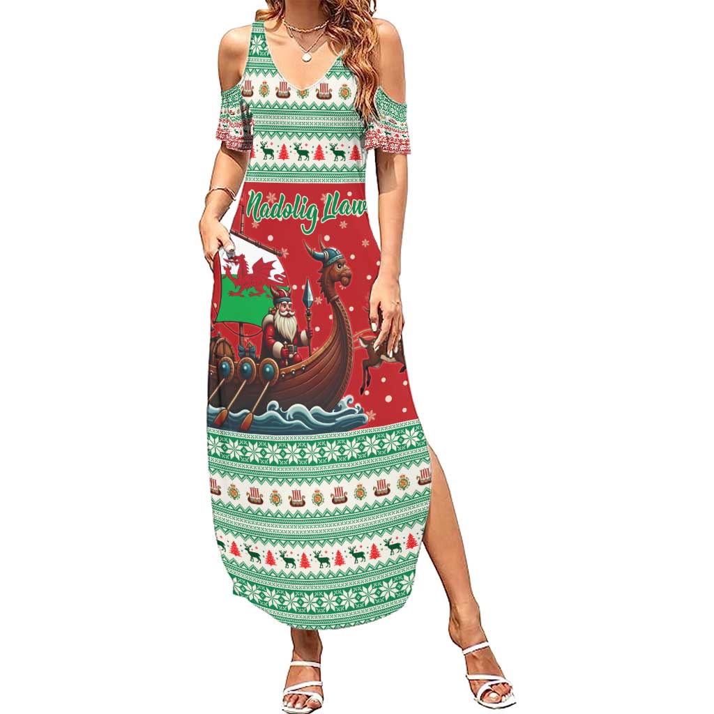 Wales Viking Santa Christmas Family Matching Summer Maxi Dress and Hawaiian Shirt Funny Reindeer Norse Xmas - Wonder Print Shop