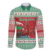 Wales Viking Santa Christmas Long Sleeve Button Shirt Funny Reindeer Norse Xmas - Wonder Print Shop