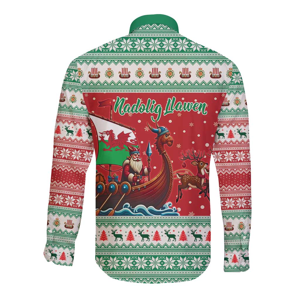 Wales Viking Santa Christmas Long Sleeve Button Shirt Funny Reindeer Norse Xmas - Wonder Print Shop