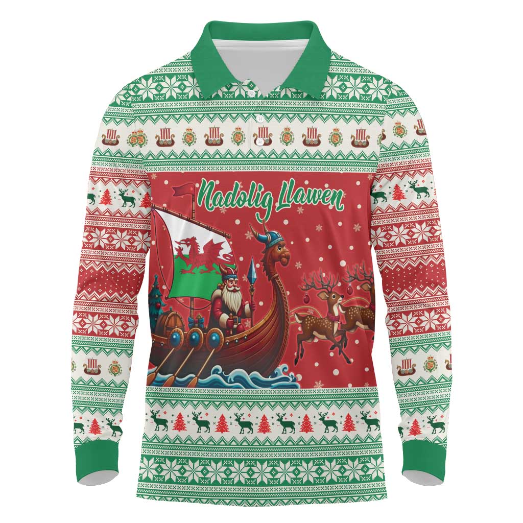 Wales Viking Santa Christmas Long Sleeve Polo Shirt Funny Reindeer Norse Xmas - Wonder Print Shop