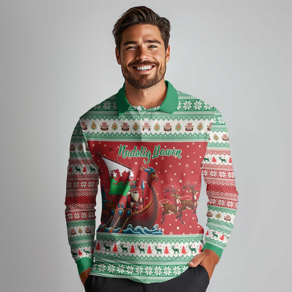 Wales Viking Santa Christmas Long Sleeve Polo Shirt Funny Reindeer Norse Xmas - Wonder Print Shop