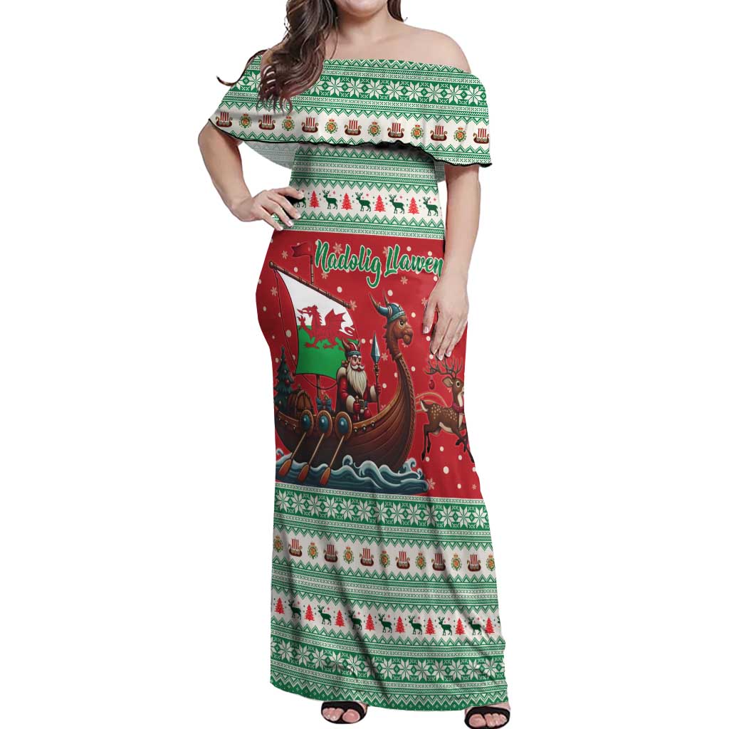 Wales Viking Santa Christmas Off Shoulder Maxi Dress Funny Reindeer Norse Xmas - Wonder Print Shop