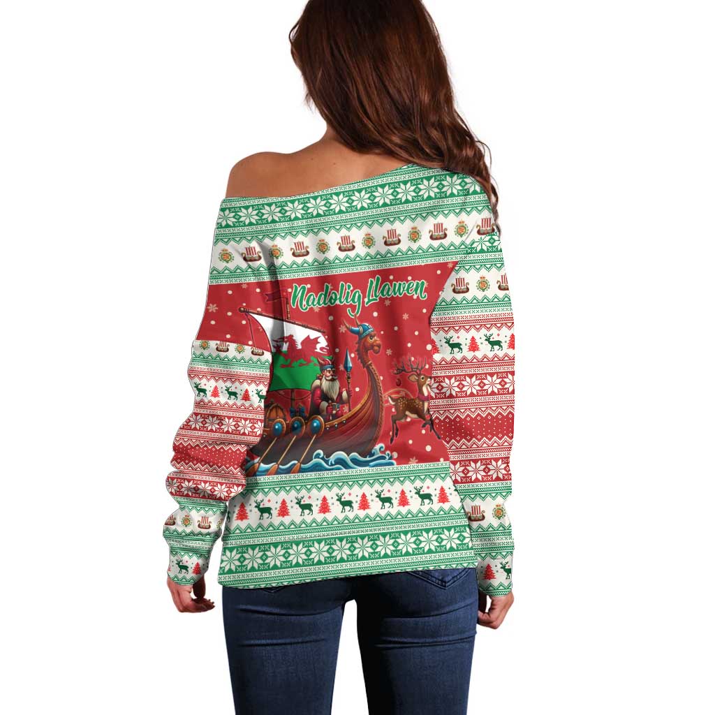 Wales Viking Santa Christmas Off Shoulder Sweater Funny Reindeer Norse Xmas - Wonder Print Shop