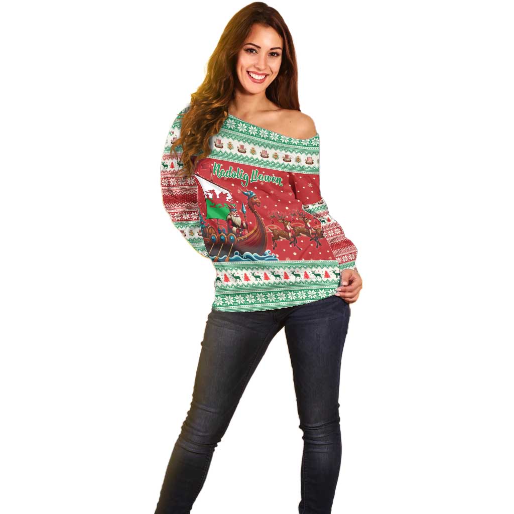 Wales Viking Santa Christmas Off Shoulder Sweater Funny Reindeer Norse Xmas - Wonder Print Shop