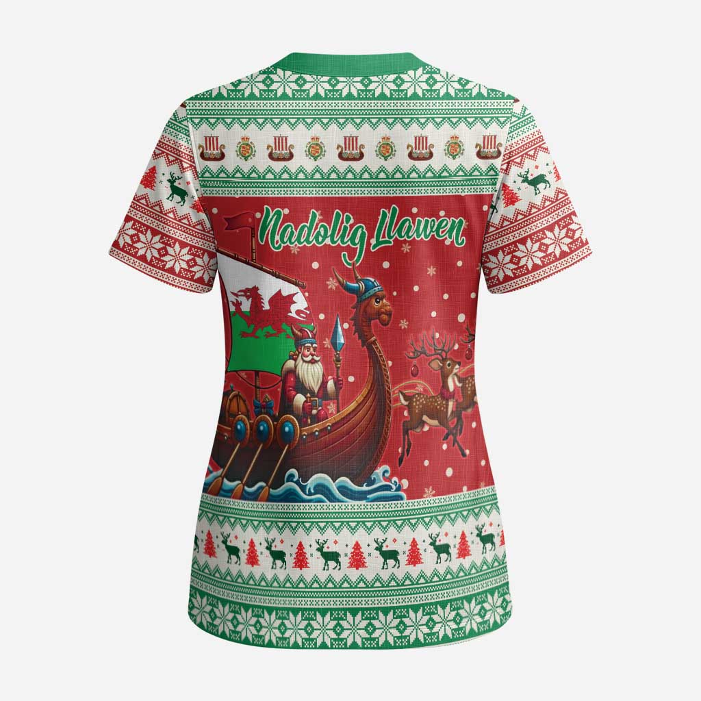 Wales Viking Santa Christmas Scrub Top Funny Reindeer Norse Xmas - Wonder Print Shop