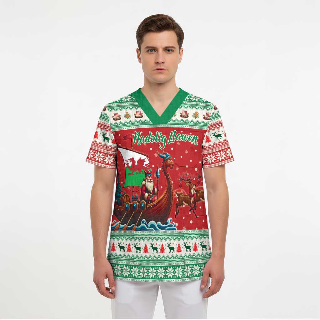 Wales Viking Santa Christmas Scrub Top Funny Reindeer Norse Xmas - Wonder Print Shop