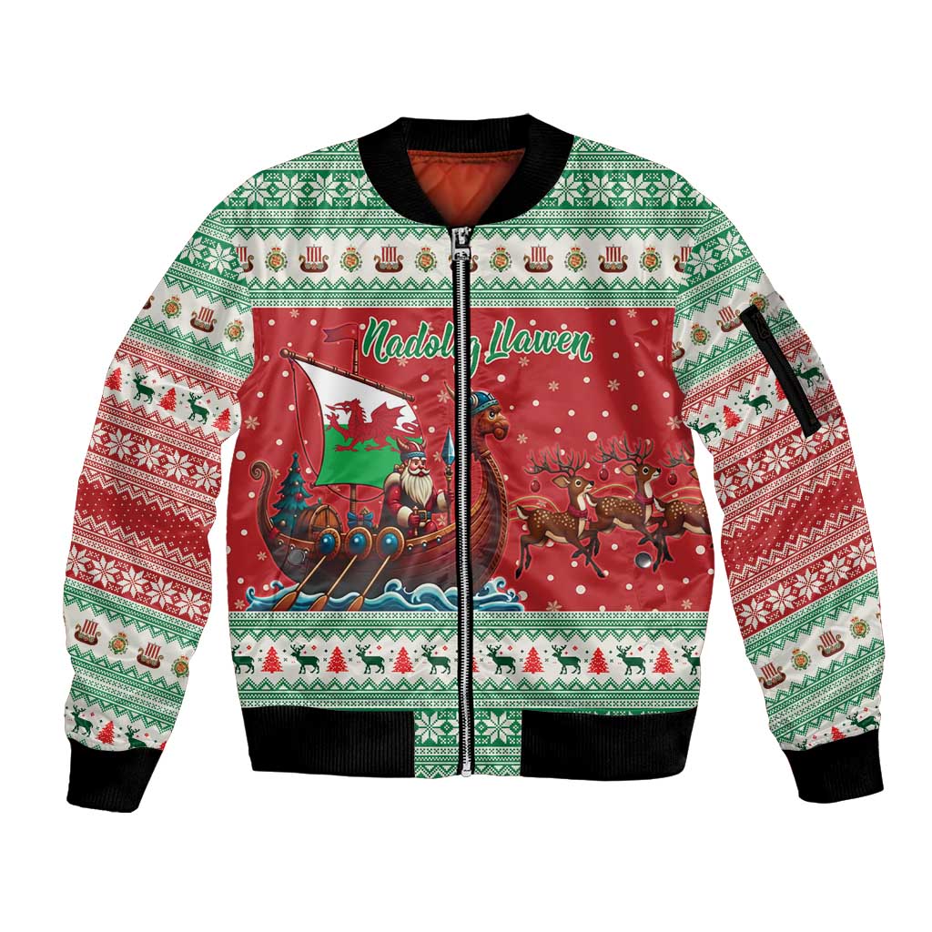 Wales Viking Santa Christmas Sleeve Zip Bomber Jacket Funny Reindeer Norse Xmas - Wonder Print Shop