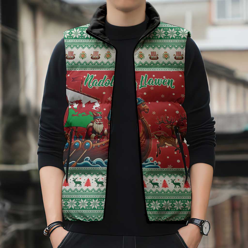 Wales Viking Santa Christmas Sleeveless Puffer Jacket Funny Reindeer Norse Xmas - Wonder Print Shop