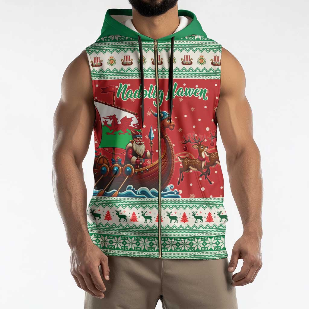 Wales Viking Santa Christmas Sleeveless Zip Hoodie Funny Reindeer Norse Xmas - Wonder Print Shop