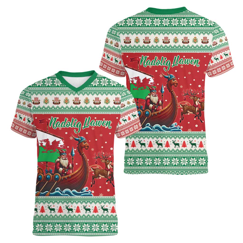 Wales Viking Santa Christmas Women V-Neck T-Shirt Funny Reindeer Norse Xmas - Wonder Print Shop