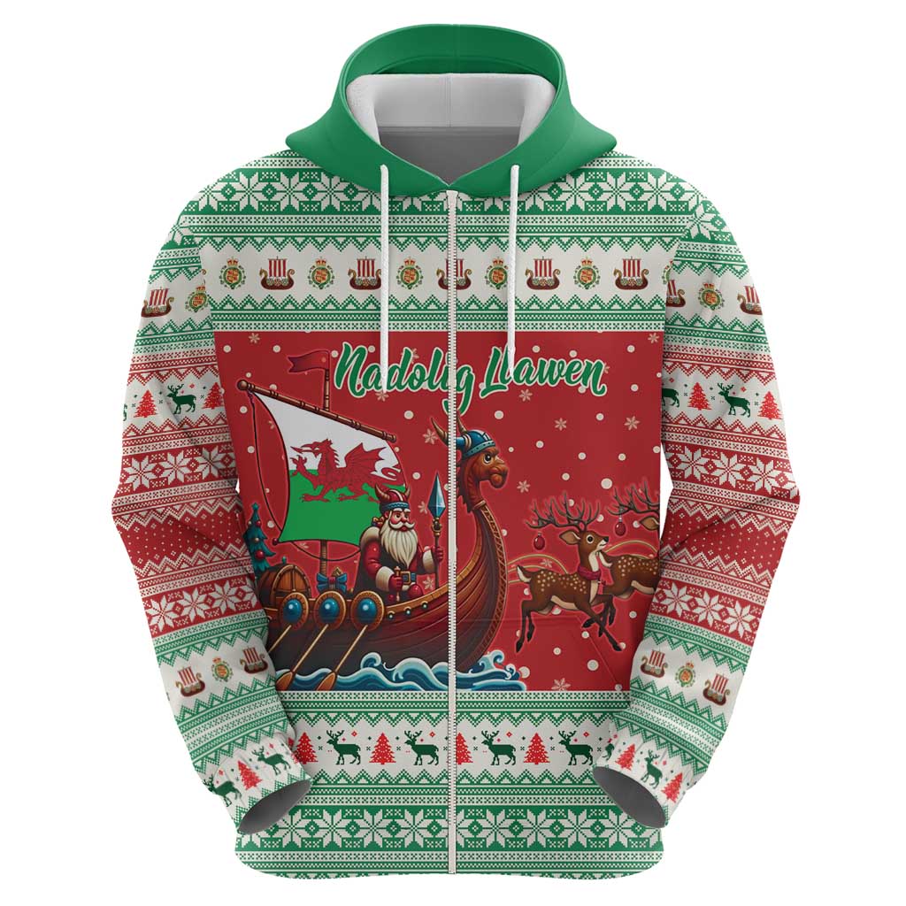 Wales Viking Santa Christmas Zip Hoodie Funny Reindeer Norse Xmas - Wonder Print Shop